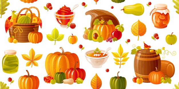 Harvest autumn seamless vector pattern thanksgiving pattern pumpkin fall basket cornucopia plenty horn fruit candle isolated cartoon harvest illustration cute autumn farm wallpaper background