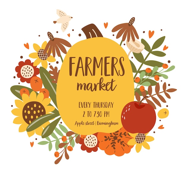 Vector harvest festival poster autumn fest banner decorated pumpkin sunflower fall leaves fall harvest vector illustration autumn food fall farmers market banner design eat local food farm organic food