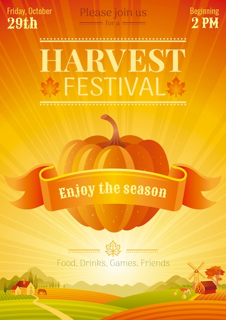 Harvest festival poster event template. fall party invitation design. vector illustration.