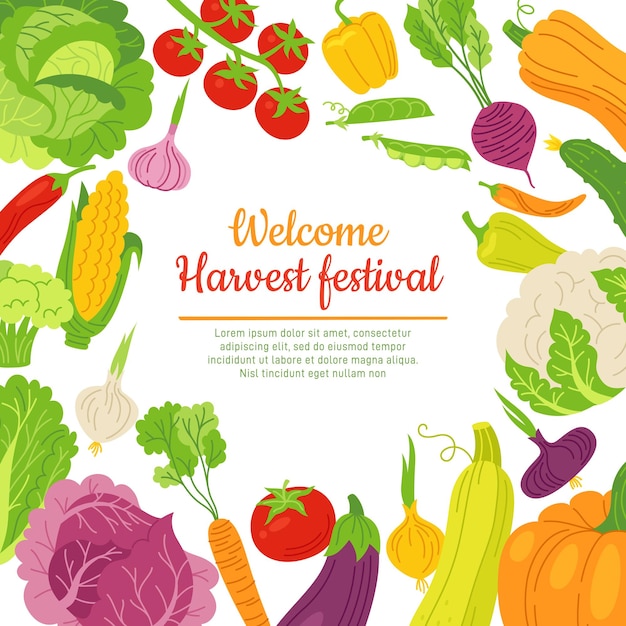 Harvest festival banner di benvenuto cartone animato verdure agricoltura poster modello carta dieta sana cibo