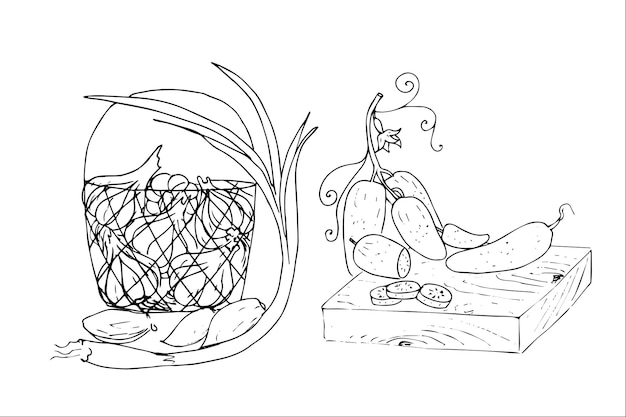 Harvest set, fruits, vegetables, mushrooms, berries, basket, flowers and leaves are doodle sketch.