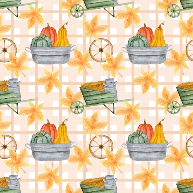 Harvest watercolor elements seamless pattern. autumn farmhouse wrapping desing.