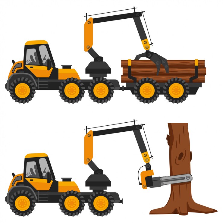 Vector harvester working in a forest.  flat illustration of a truck with logs isolated on a white background.