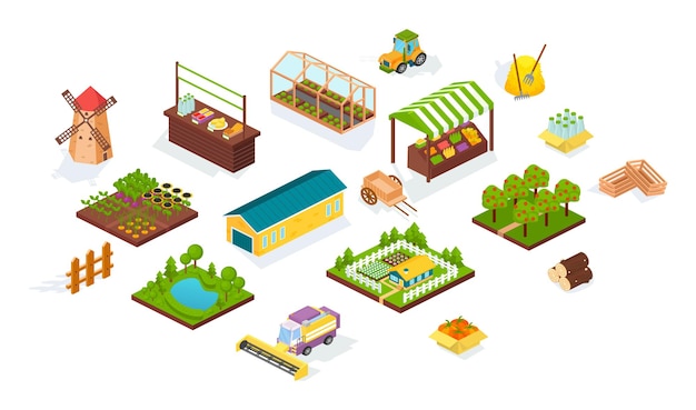 Harvesting and agriculture isometric set. agricultural machines, fields harvest, local market stall