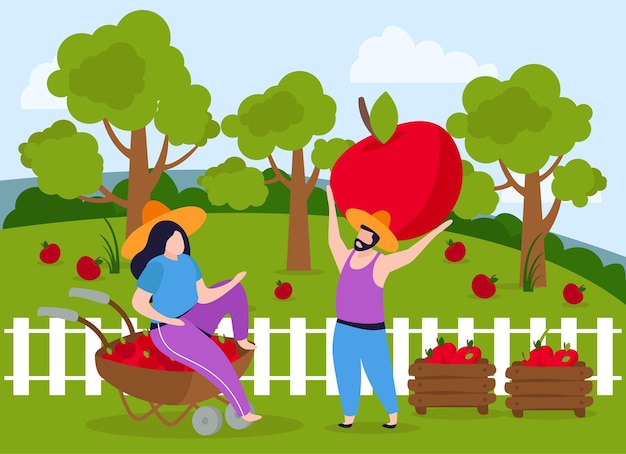 Harvesting flat composition with garden scenery and white fence with man carrying huge apple to woman illustration