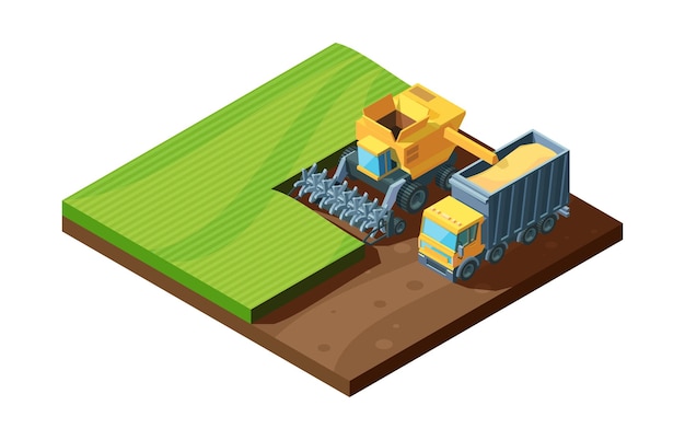 Vettore illustrazione isometrica di raccolta. combina la vibrante mietitrice e la macchina agricola per raccogliere il grano nel campo, concetto di agricoltura naturale.