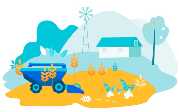 Harvesting Machine On Farm Background. Vector.