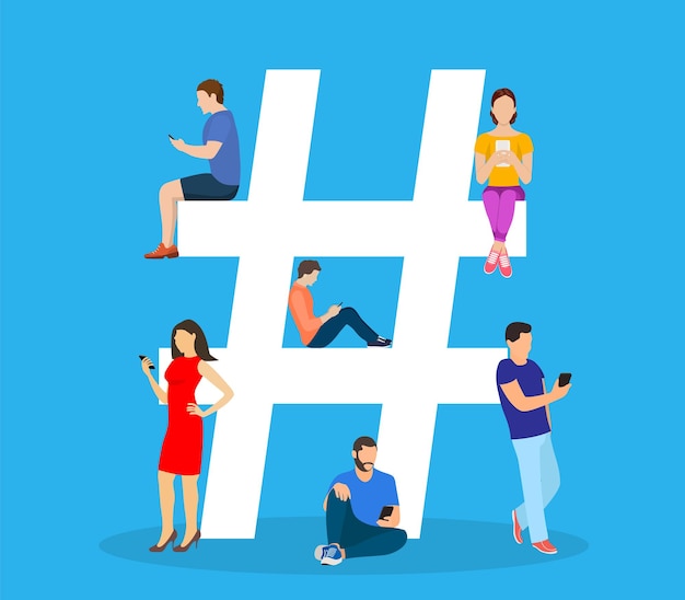 Vector hashtag concept. people using mobile