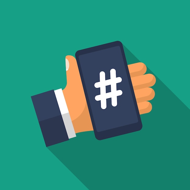 Hashtag concept Telefoon in de hand met hashtag symbool Promotie van sociale netwerken Beschrijving tags Social media Vector illustratie plat ontwerp geïsoleerd op background