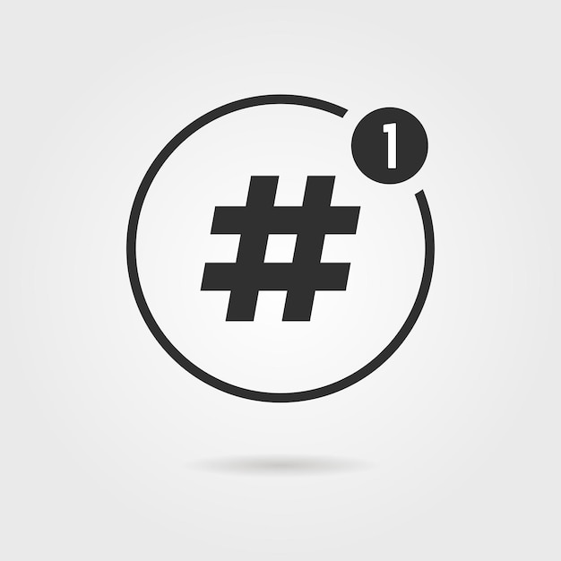 Icona hashtag con notifica. concetto di segno numerico, social media, micro blogging, pr, popolarità, condivisione. isolato su sfondo grigio. illustrazione vettoriale di design moderno logotipo tendenza stile piatto