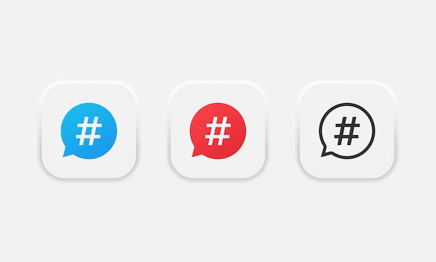 Hashtag in cirkel toespraak bubble icon set geïsoleerd op een grijze achtergrond social media symbool vector eps 10