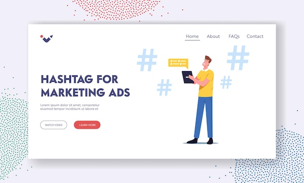 Hashtag for Marketing Ads Landing Page Template. Male Character with Digital Tablet in Hands Chatting Online. Social Media, Internet Society Communication Concept. Cartoon Vector Illustration