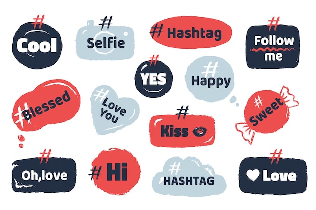 Hashtag sociale banner. media slang doodle met tekstballonnen moderne sociale citaten.