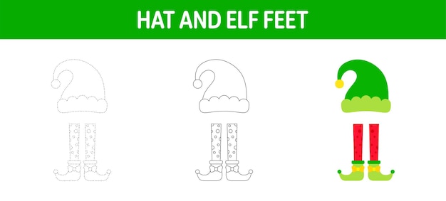 Hat and elf feet traceer- en kleurwerkblad voor kinderen