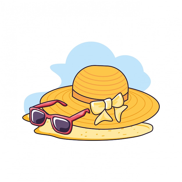 Vector hat female wicker in the beach with sunglasses