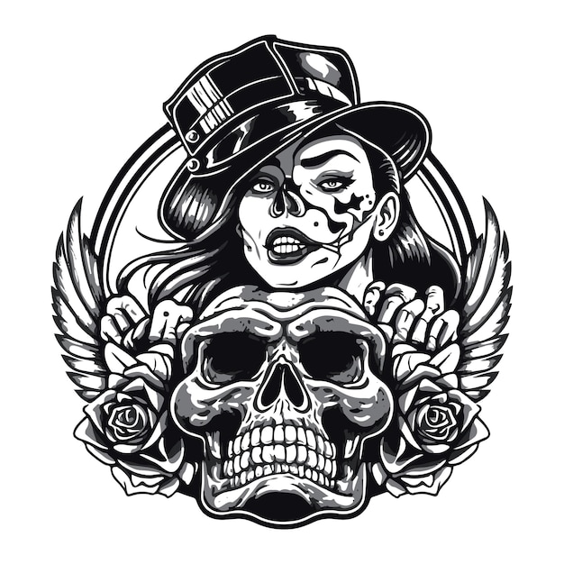 Hat and skull woman tattoo design