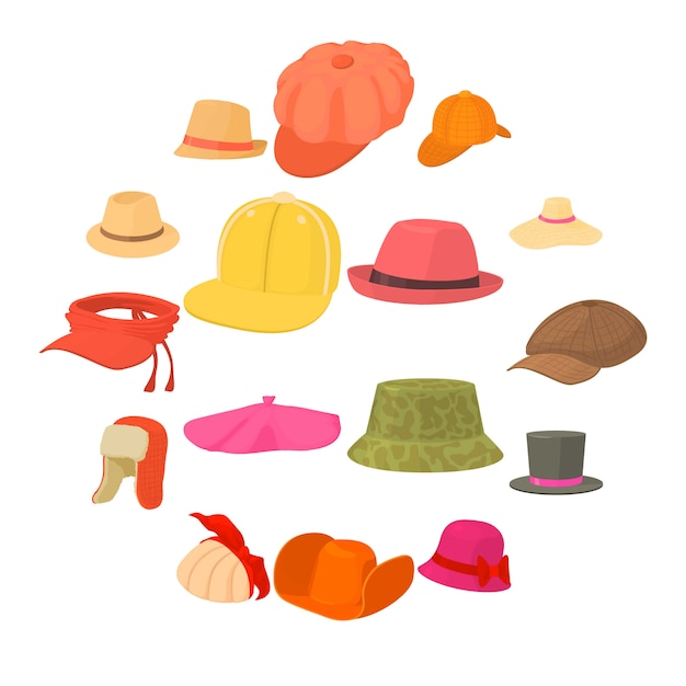 Hat types icons set headdress, cartoon style