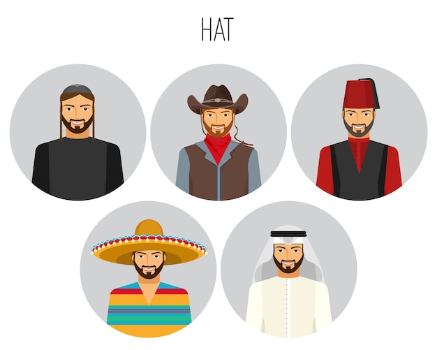 Vettore tipi di cappello per poster da uomo con set di copricapi nazionali tradizionali. sombrero e ghutra, kefiah e stetson, cappello fez. accessori per copricapo