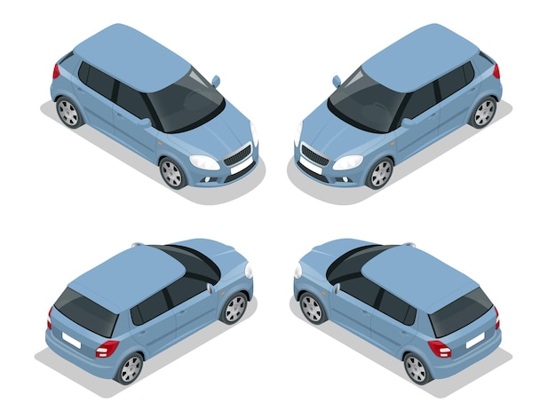 Auto a due volumi. illustrazione isometrica vettoriale 3d piatta. icona di trasporto urbano di alta qualità.