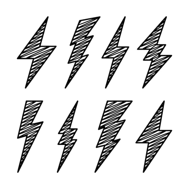 Hatched bliksem bolt iconen collectie met de hand getekende flits symbool bliksem eenvoudige blikseminslag