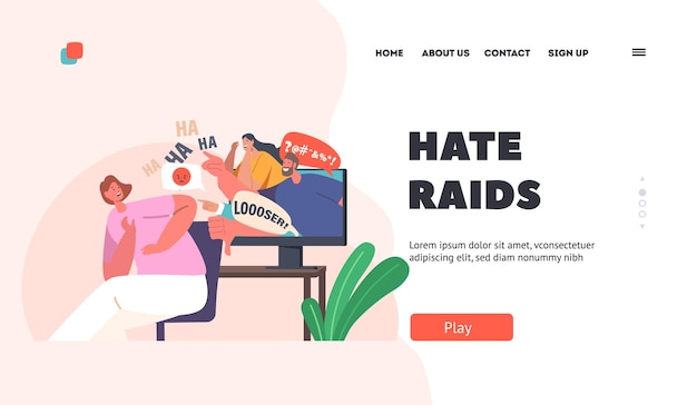 Hate Raids Landing Page Template Cyber Bullying Social Attack Bully Hate Female Character Crying front of Computer