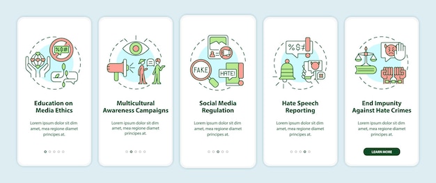 Hate speech countering onboarding mobile app page screen. Awareness campaigns walkthrough 5 steps graphic instructions with concepts. UI, UX, GUI vector template with linear color illustrations