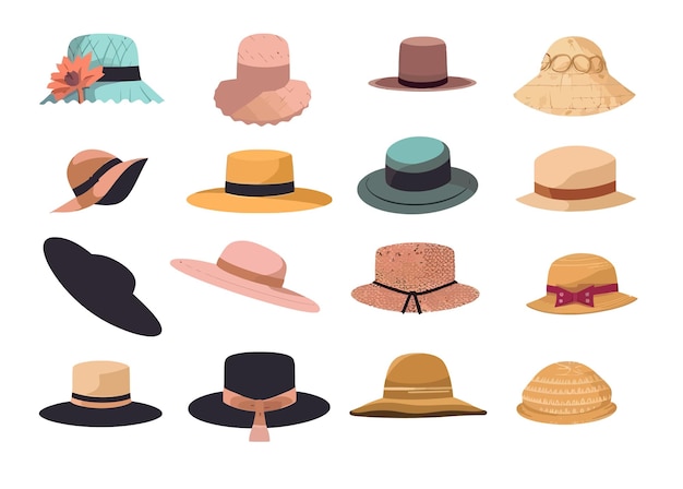 Hats caps panamas set Knitted straw beach head wear accessories designs Isolated on white background Vector cartoon illustration