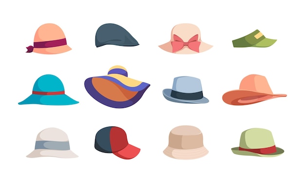 Шляпы модные головные уборы летние шапки и шляпы для женщин яркие векторные иллюстрации коллекции изолированы