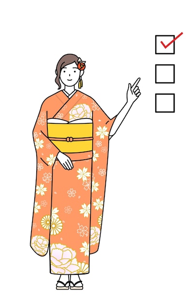 Hatsumode at New Year's and comingofage ceremonies graduation ceremonies weddings etc Woman in furisode pointing to a checklist