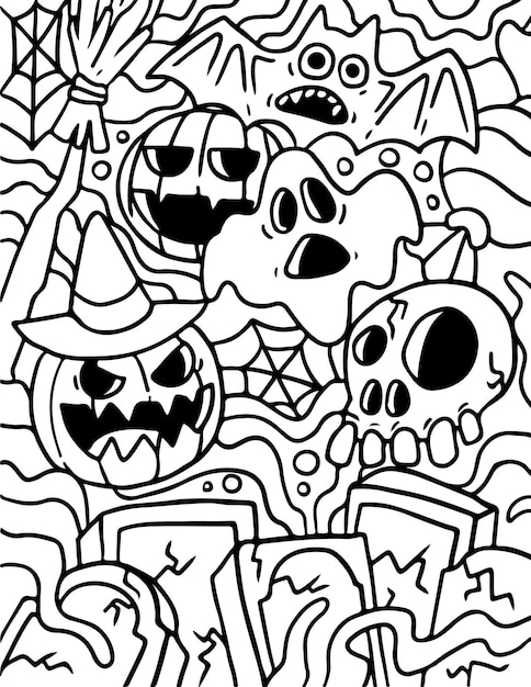 Haunted doodle graveyard coloring page