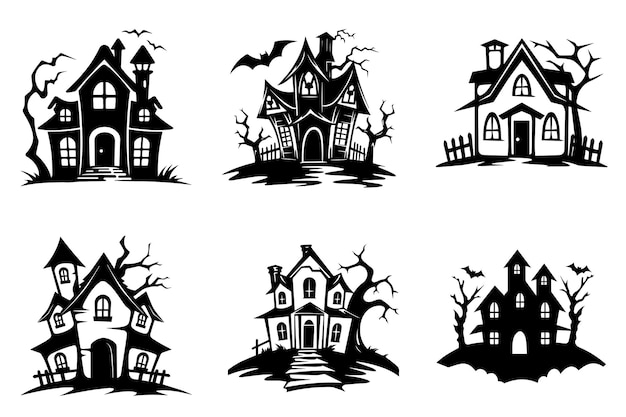 Haunted house silhouette collection Cartoon Halloween spooky ghost house Flat vector illustration