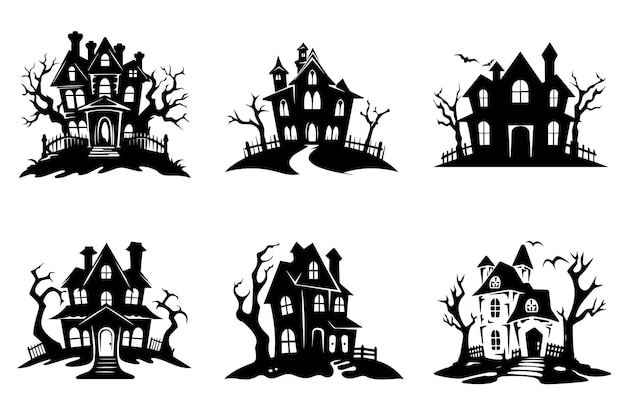 Haunted house silhouette collection Cartoon Halloween spooky ghost house Flat vector illustration