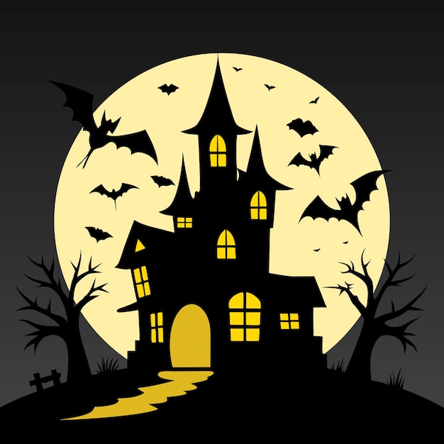 A haunted house silhouette with bats flying above