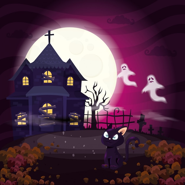 Vector haunted house with cat in scene halloween illustration