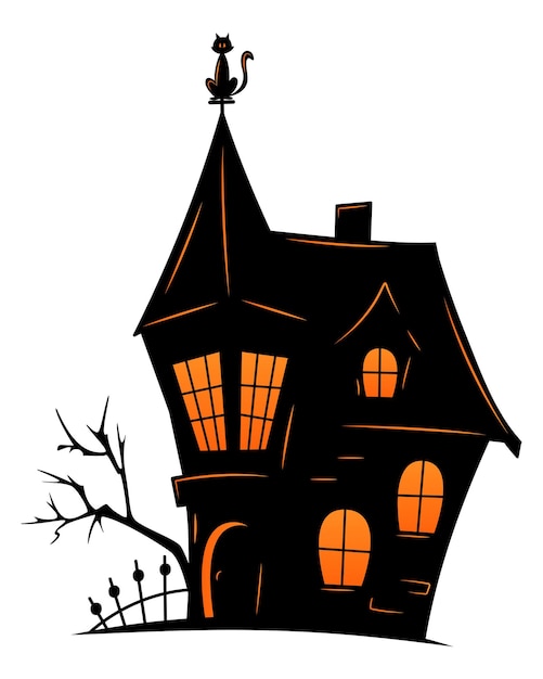 Старый дом с привидениями на Хэллоуин. Векторный силуэт страшного старого дома. Мистический жуткий дом с засохшими деревьями, кладбищем и черной кошкой.