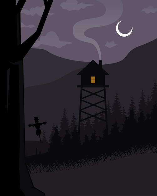 haunted tower, dark landscapes, trees