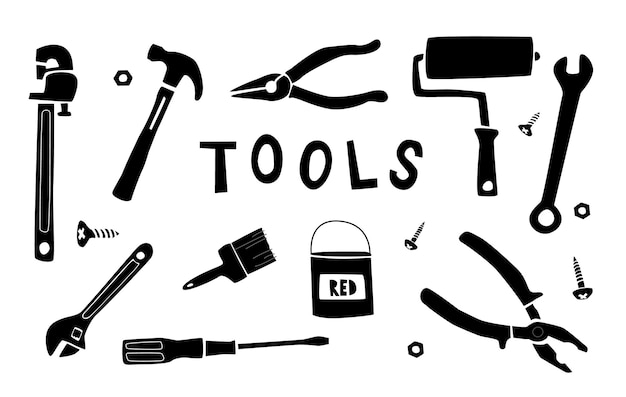 haushold tools set in doodle style hand drawn illustration of different type of equipment for repair
