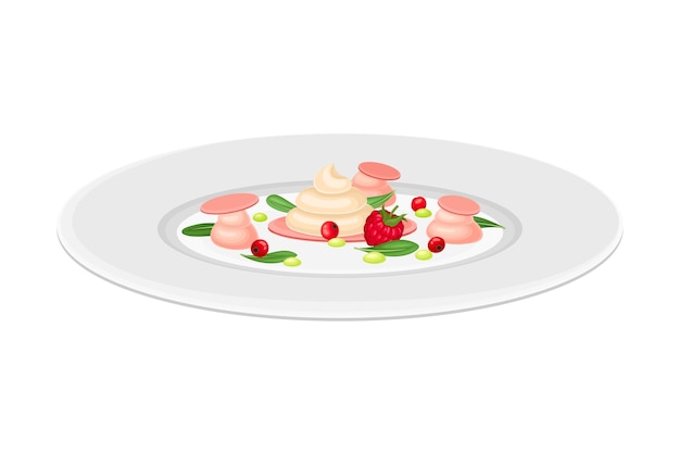 Vector haute cuisine or grande cuisine with meticulous dessert with berries preparation and serving on