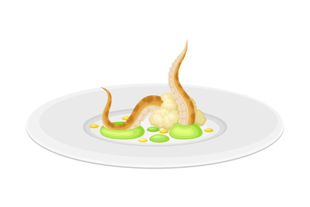 Vector haute cuisine met zorgvuldige bereiding van zeevruchten en servering op bord met fancy garnish vector