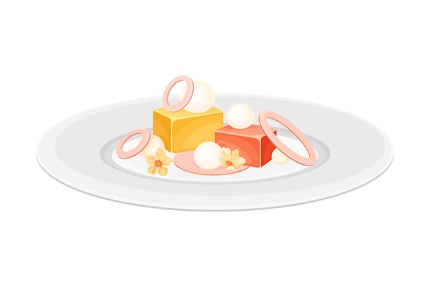 Vector haute cuisine with food meticulously prepared and served on plate with fancy garnish vector