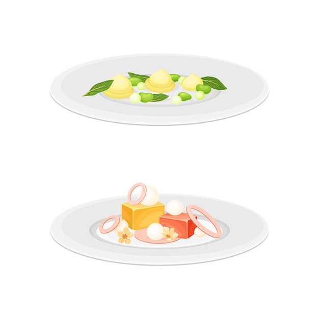 haute or grande cuisine with meticulous food preparation and serving on plate with fancy garnish vector set