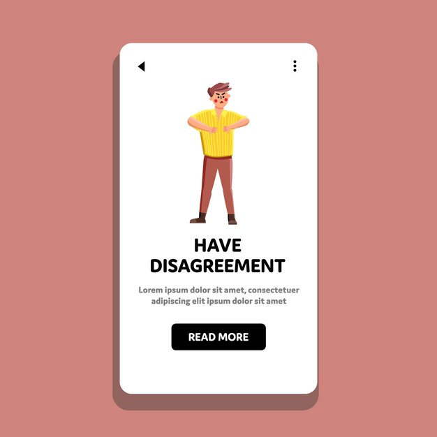 Have Disagreement With Expression Young Man Vector. Emotional Angry Young Boy Have Disagreement Gesturing Fingers Down Dislike. Character With Disapproval Gesture Web Flat Cartoon Illustration