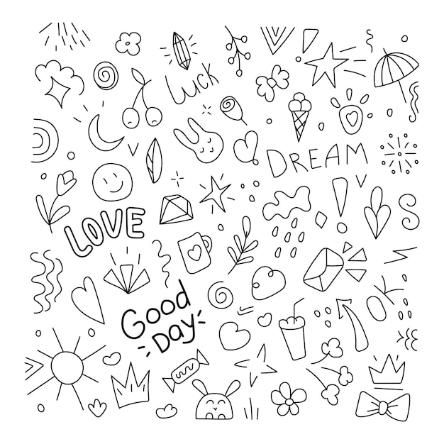 Удачного дня Набор векторных элементов в стиле doodle Изолирован на белом фоне