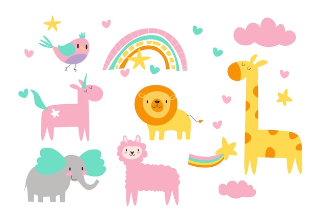 Have a good day set with cute animals clouds sun rainbow and hearts in cartoon style EPS