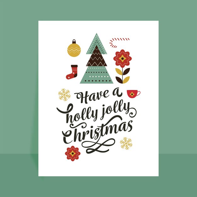 Vector have a holly jolly christmas text with vector xmas tree bauble flowers snowflakes cup candy cane and wool sock on white background