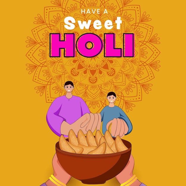 Have a sweet holi greeting card with indian female offering sweets gujiya to young men against orange mandal pattern background