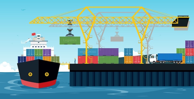 Vector havens met vrachtschepen en containers werken met een kraan.