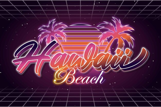 Vector hawaii aloha beach retrowave synthwave typography editable text effect font style template design