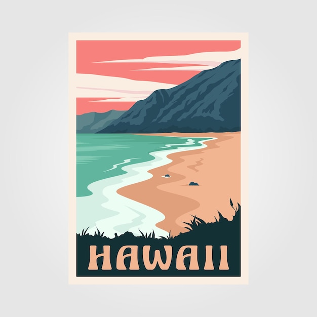 하와이 해변 빈티지 포스터 아트 일러스트 디자인 모험 바다 포스터
