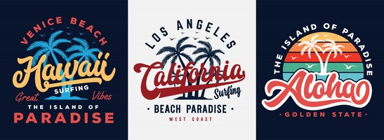 Slogan di tipografia della spiaggia delle hawai, di california e di aloha con l'illustrazione della palma. design a tema stampa vintage